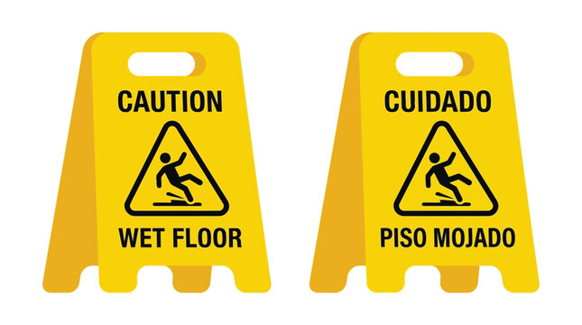 Yellow wet floor caution sign vector illustration displaying dual language warnings for safety awareness in busy public industrial facility environments