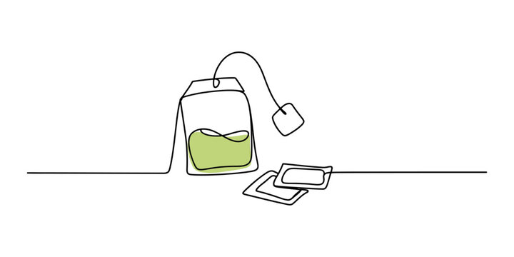 Continuous line drawing of a green tea bag and tea leaves