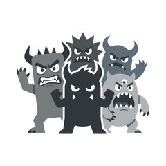 Collection of gray cartoon monster character mascots.