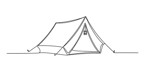 Simple line drawing of a camping tent with a hanging lantern © JCS Graphic Design 