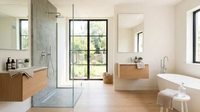A modern, minimalist bathroom with a glass shower door, wooden vanity, and white walls.
