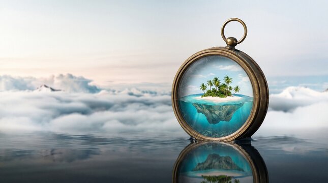 Surreal Concept of a Tropical Island Trapped Within a Vintage Pocket Watch Floating Above Clouds