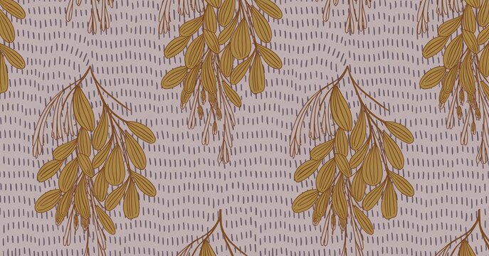 A vintage style seamless textile pattern featuring stylized golden brown oak leaves arranged in repeating rows over a textured light purple background