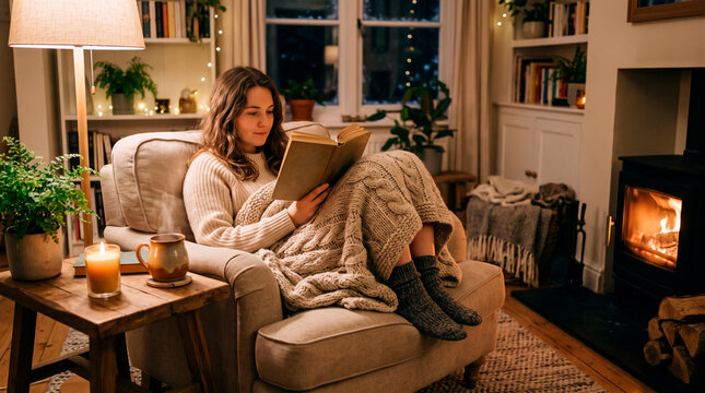Woman reading a book by the fireplace wrapped in a blanket
