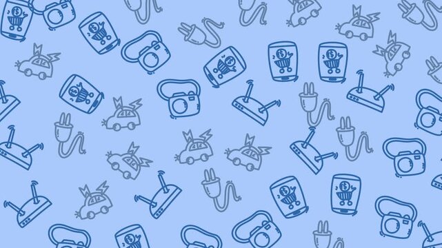 Animated Pattern of Electric Cars and Plugs on Blue Background Loop