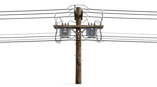 Utility pole with electrical transformers and power lines isolated on white background