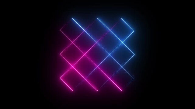 Rectangle picture frame icon animation glowing neon blue and pink color screen round display box rotation retro movement seamless Glowing square neon line animation on black background.4k animation.