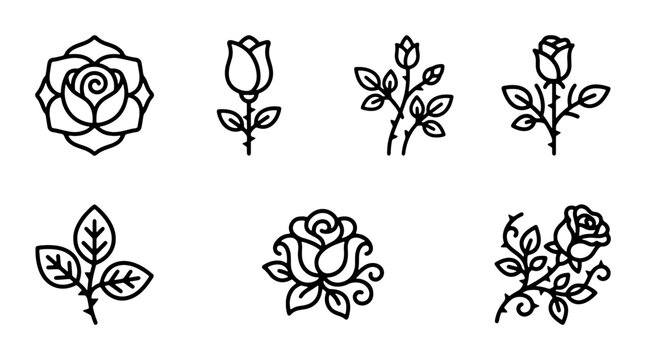 Elegant Rose Icons, Vector Flower Graphics, Botanical Line Art Set, Romantic Floral Emblems for Design