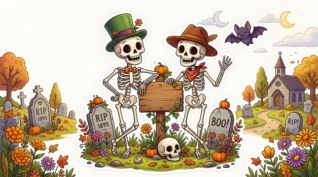 Two cute skeletons wearing hats standing by a wooden sign in a festive autumn graveyard scene