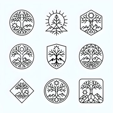 Collection of minimalist Tree of Life vector logos combined with mountains, sun, landscapes, and geometric frames. Ideal for eco brands, outdoor companies, wellness, environmental organizations, and s