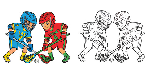Naklejka premium Kids Playing Lacrosse Vector Illustration and Line Art Coloring Page, Cartoon Boys Athlete Faceoff Lacrosse Match Set for Children Activity