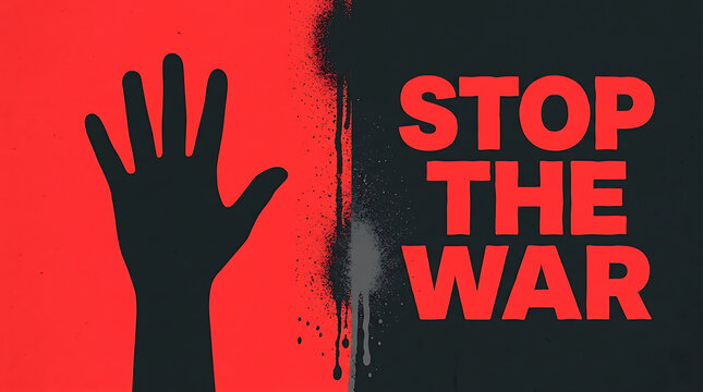 Stop the war protest hand silhouette with red background and text . Ai Generated