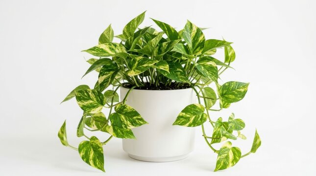 Pothos houseplant in a white pot isolated on white background