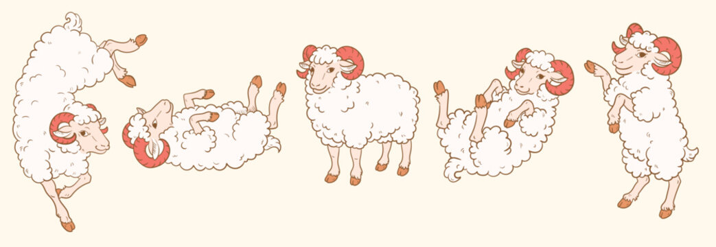 2027 Year of the Goat Cute Ram Cartoon Character Pose Collection, Funny Sheep Mascot Standing, Jumping, Rolling and Dancing, Chinese Zodiac Lunar New Year Animal Vector Illustration Set