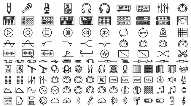 Professional audio production line icons, music studio equipment and sound engineering symbols, 100 vector icons for digital audio workstation interface