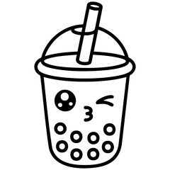 Kawaii Boba Drink Coloring Page With Smiling Face And Bold Outline Isolated on a Transparent or White Background