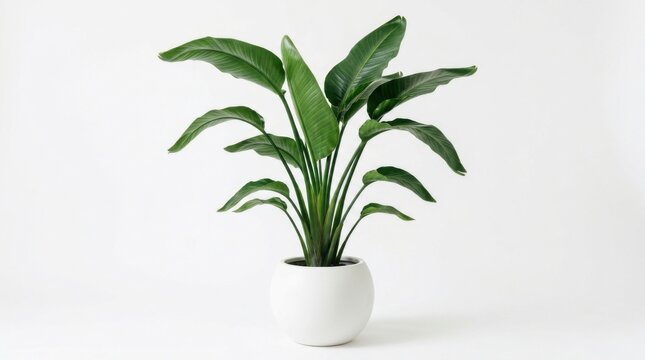 Bird of paradise plant in a white pot isolated on white background