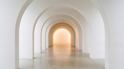 Fototapeta premium Minimalist white corridor featuring symmetrical repeating arches receding into warm golden light within a bright modern contemporary architectural design space