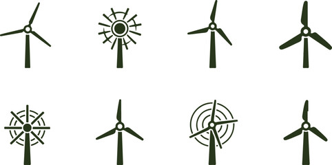 Various stylized wind turbine designs with different blade shapes and patterns isolated on transparent background © Marium