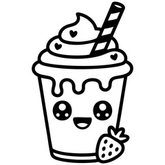 Adorable Milkshake Illustration With Whipped Cream Heart Details And Striped Straw Isolated on a Transparent or White Background