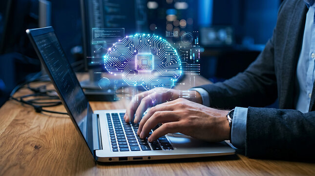 Person working on laptop with futuristic brain hologram display on screen . Ai Generated