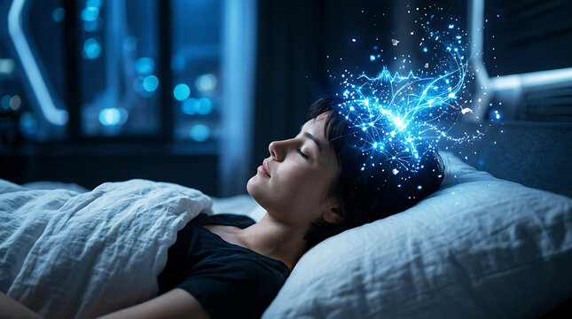 Person sleeping with glowing brain neural network visualization at night . Ai Generated