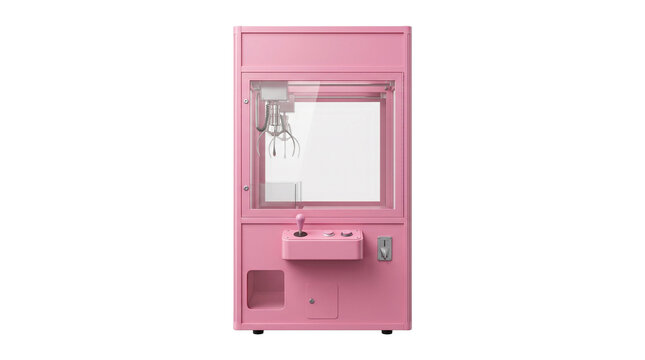 Pink claw crane game machine with empty glass display box isolated on transparent background png file photo.