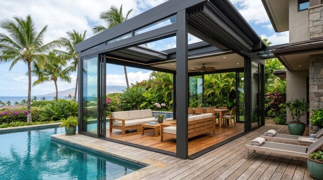 A modern, glass-enclosed patio with a wooden deck, overlooking a pool and a tropical landscape.