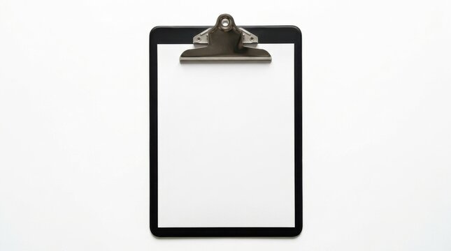 A black clipboard with a blank white sheet of paper isolated on white background