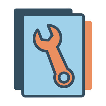 Clean flat icon depicting a document page with a wrench, featuring simple geometry and a limited color palette, isolated on white. Technical documentation concept