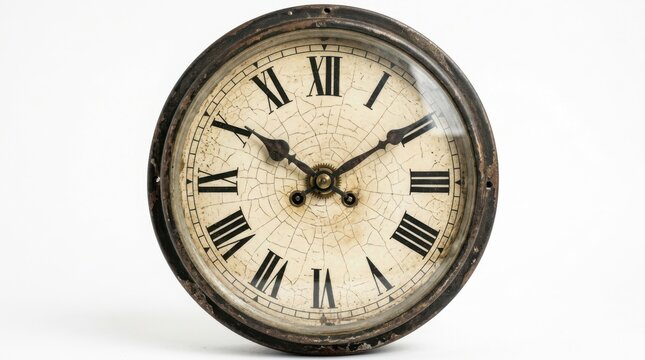 Vintage round wall clock with cracked face isolated on white background