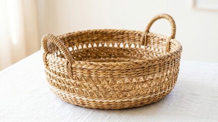Obraz premium Woven basket made from natural fibers on a white table 