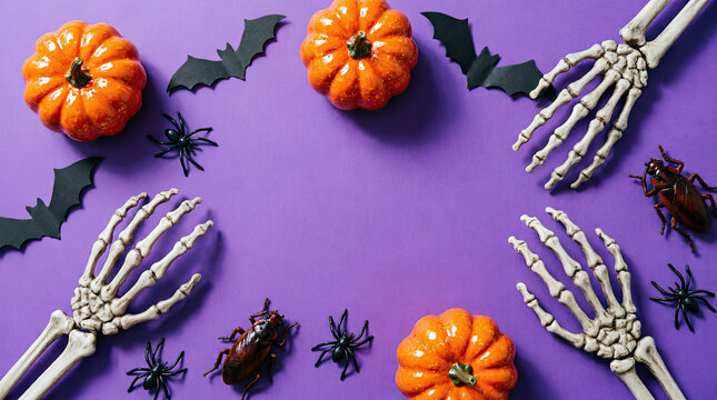 Festive halloween background featuring orange pumpkins skeleton hands black paper bats and plastic spiders on a vibrant purple surface