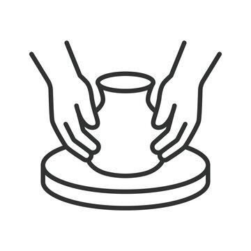 Hands shaping clay on pottery wheel for crafting icon in line design. Pottery, crafting, hobby, art, ceramics, handmade, creation on white background vector. Creative skill editable stroke icon.