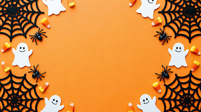 Festive halloween background featuring cute white ghosts black spider webs and candy corn on a vibrant orange surface backdrop