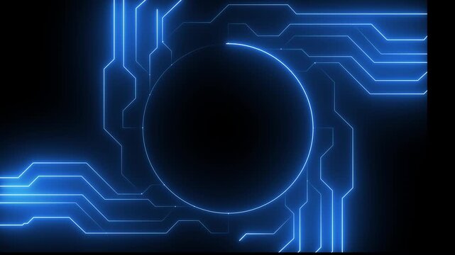 Circuit board technology, neon light conduct the electricity power .internet and networking concept. Bright neon circuit board technology with background . 4k animation motion graphics video..