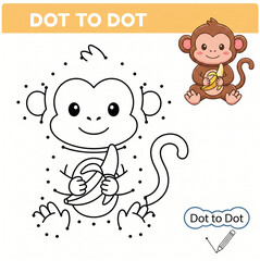 Cartoon monkey holding banana in dot-to-dot coloring activity   © Ren