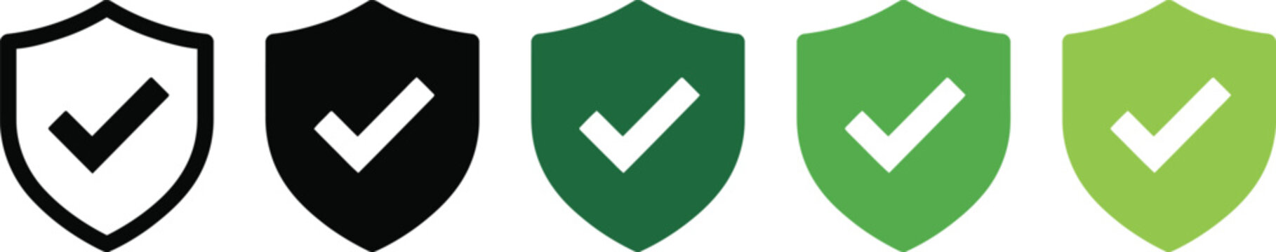 Shield icons featuring green check marks display security status as flat vector graphic design elements in a professional layout collection