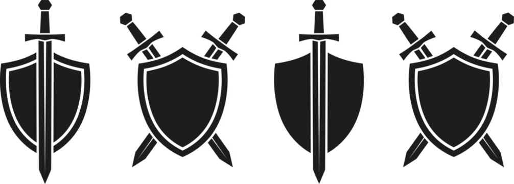 Minimalist vector graphic set featuring black medieval shields and sharp swords for professional branding or historical fantasy game design projects