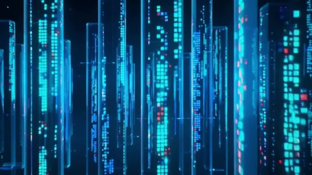 Digital data streaming across towering blue neon pillars in this futuristic motion background animation clip style