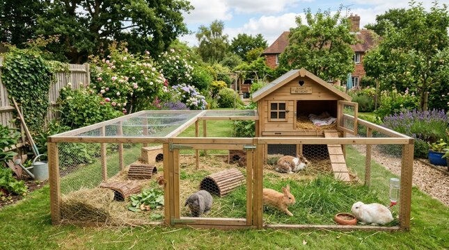 A well-organized rabbit hutch with multiple rabbits inside, surrounded by lush greenery and a wooden fence.