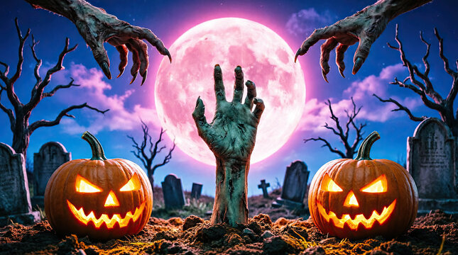 Spooky halloween background featuring a glowing full moon graveyard scene with carved jack o lanterns and reaching zombie hands
