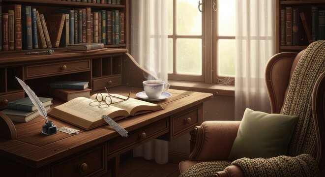 Antique wooden desk with open book and writing quill pen.