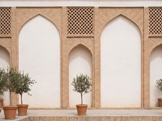 Fototapeta premium Ancient brick architecture with arched alcoves and potted olive trees, brickwork