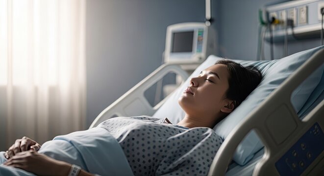 Asian woman resting in hospital bed under medical care