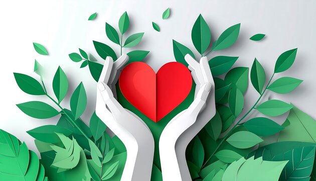 Hands Holding Red Heart With Green Leaves For World Organ Donation Day Paper Cut Illustration Concept