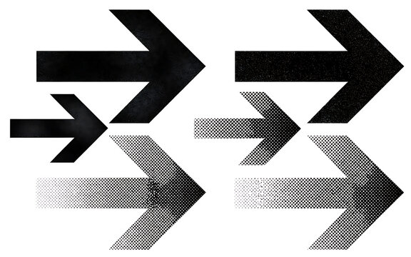 Set of black directional arrows with diverse grid and halftone texture patterns directional graphics pointers halftone textures direction navigation elements abstract pointing collection