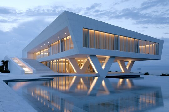 夜景に映える白いモダン建築と水面反射が美しいデザイン住宅
