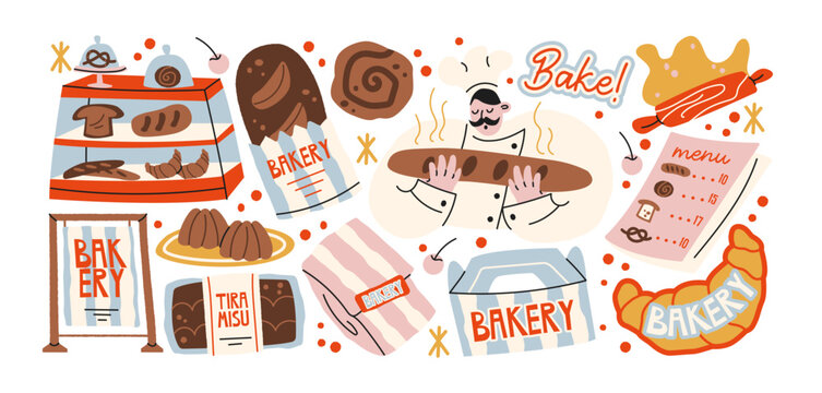 Bakery and pastry shop compositions with baker, fresh bread, croissant, tiramisu, pastry display and takeaway packaging, artisan baking, dessert menu and cafe branding concepts