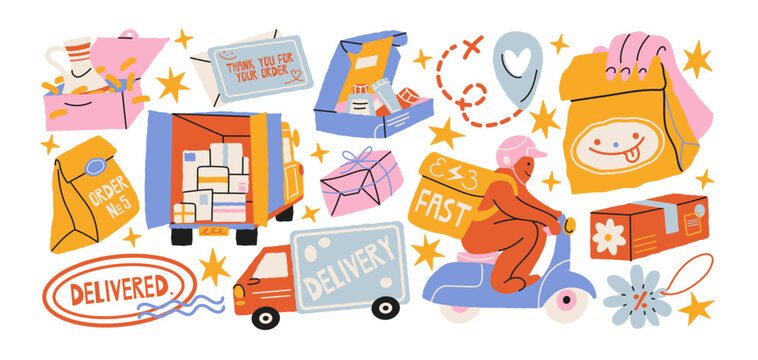 Delivery service stickers with shipping boxes, courier scooter, delivery truck, online orders and parcel packaging, inspired by modern ecommerce logistics, fast shipping, order fulfillment and postal 
